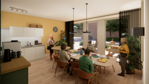 Indruk van een gezamenlijke ontmoetingsruimte met een moderne witte keuken, een grote houten eettafel waaraan mensen zitten en grote ramen met uitzicht naar buiten.