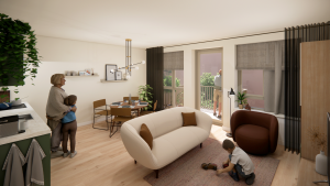 Indruk van een lichte woonkamer in een appartement met een beige bank, een open keuken, een eethoek en openslaande deuren.